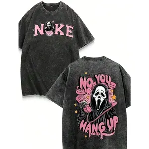 American Retro Distressed Ghost Face Graphic T Shirt Black Pink Color Block NO YOU HANG UP Printed Short Sleeve 230g Heavyweight 100 Percent Cotton Loose Fit High Street Casual Couple Summer Tops Unisex Washed Streetwear Fashion Tee for Men and Women