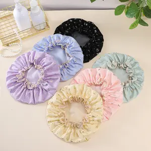 Women's double-layer shower cap, waterproof hair cap with gold foil print, made of polyester-cotton and PEVA, for bathing