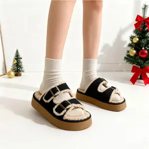 Women's Fuzzy Platform Slippers Round Open Toe Thick Sole Slides with Adjustable Double Metal Buckle Soft Suede Faux Fleece Girl Fashion Comfortable Cozy Lightweight Slip-on Warm House Indoor Outdoor Casual Shoes for Daily Wear