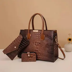 Luxury Croc-Embossed PU Leather Bag Set - 3 Pcs Brown Tote Wallet & Card Holder w/ Gold Hardware | Detachable Strap & Matching Collection | Perfect Gift for Women