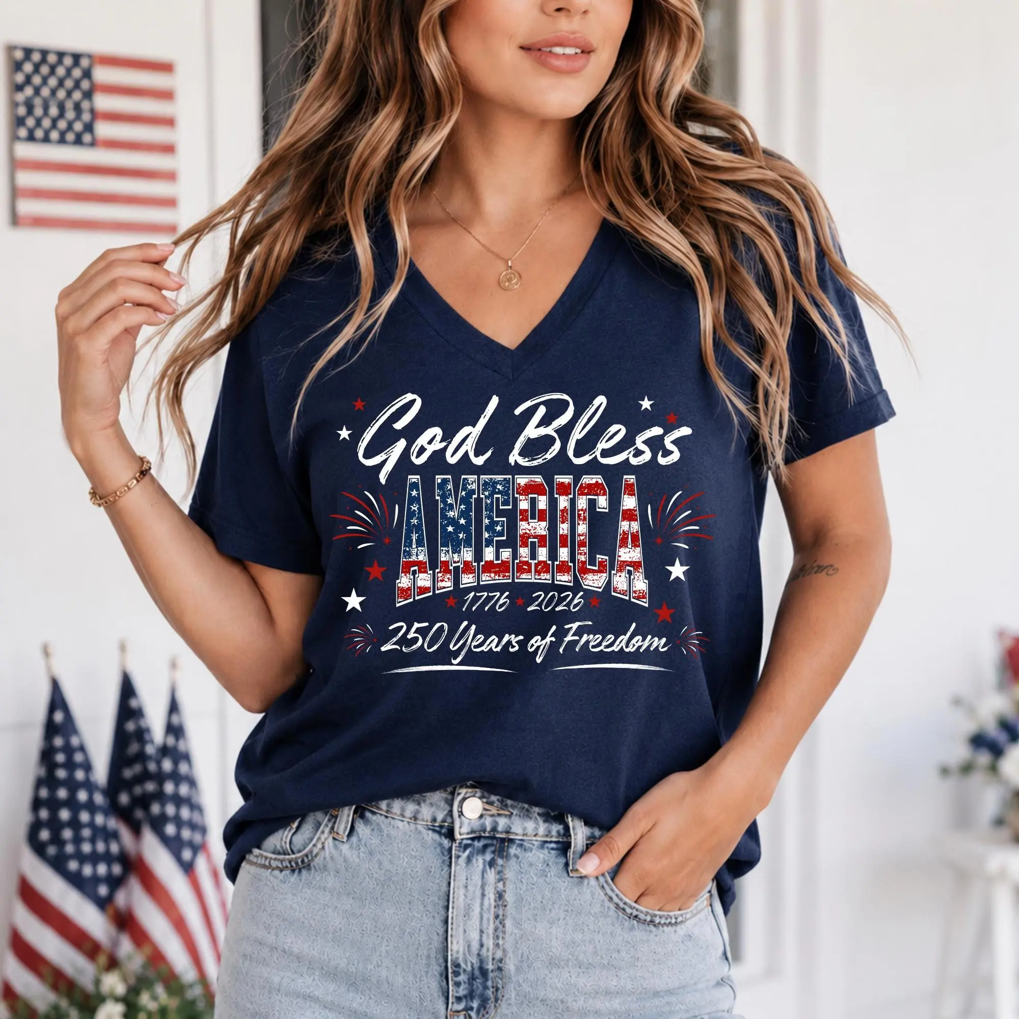 God Bless America 250 Years Of Freedom V-Neck Shirt, Patriotic 250th Anniversary V-Neck Shirt, America Independence Day Gift V Neck Shirt