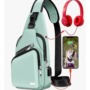 Waterproof Crossbody Sling Backpack with USB Port & Headphone Hole for Men Women Kids - Multiple Colors Red Pink Yellow Green Blue White - Casual Travel Hiking Cycling Bag