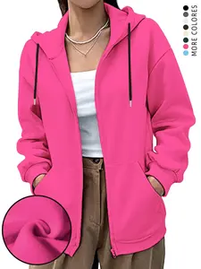 Women's Plain Basic Zip Up Drawstring Pocket Hoodie, Casual Long Sleeve Hooded Sweatshirt Fit for Fall & Winter, Women's Clothes for Daily Wear