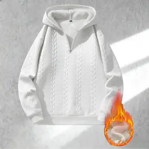 White Textured Half-Zip Hoodie for Men - Simple Elevated Style with Fleece Lining for Comfort and Versatility