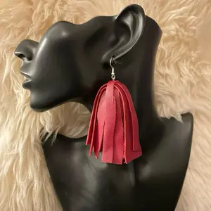 Genuine Leather Fringe Earrings (Red)