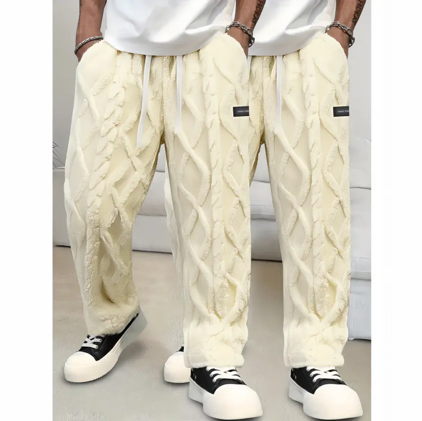 Men's 2-piece double-sided plush thick casual pants Autumn and winter loose drawstring plush home pants Multi colored three-dimensional twisted lamb wool warm pants