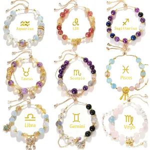 Handmade 12 Constellations Bracelet with Natural Crystal Stone Beads, Zodiac Sign Horoscope Astrology Jewelry, Ideal Birthday Gift