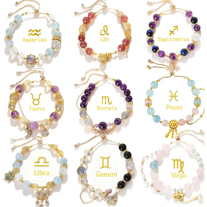 Handmade 12 Constellations Bracelet with Natural Crystal Stone Beads, Zodiac Sign Horoscope Astrology Jewelry, Ideal Birthday Gift