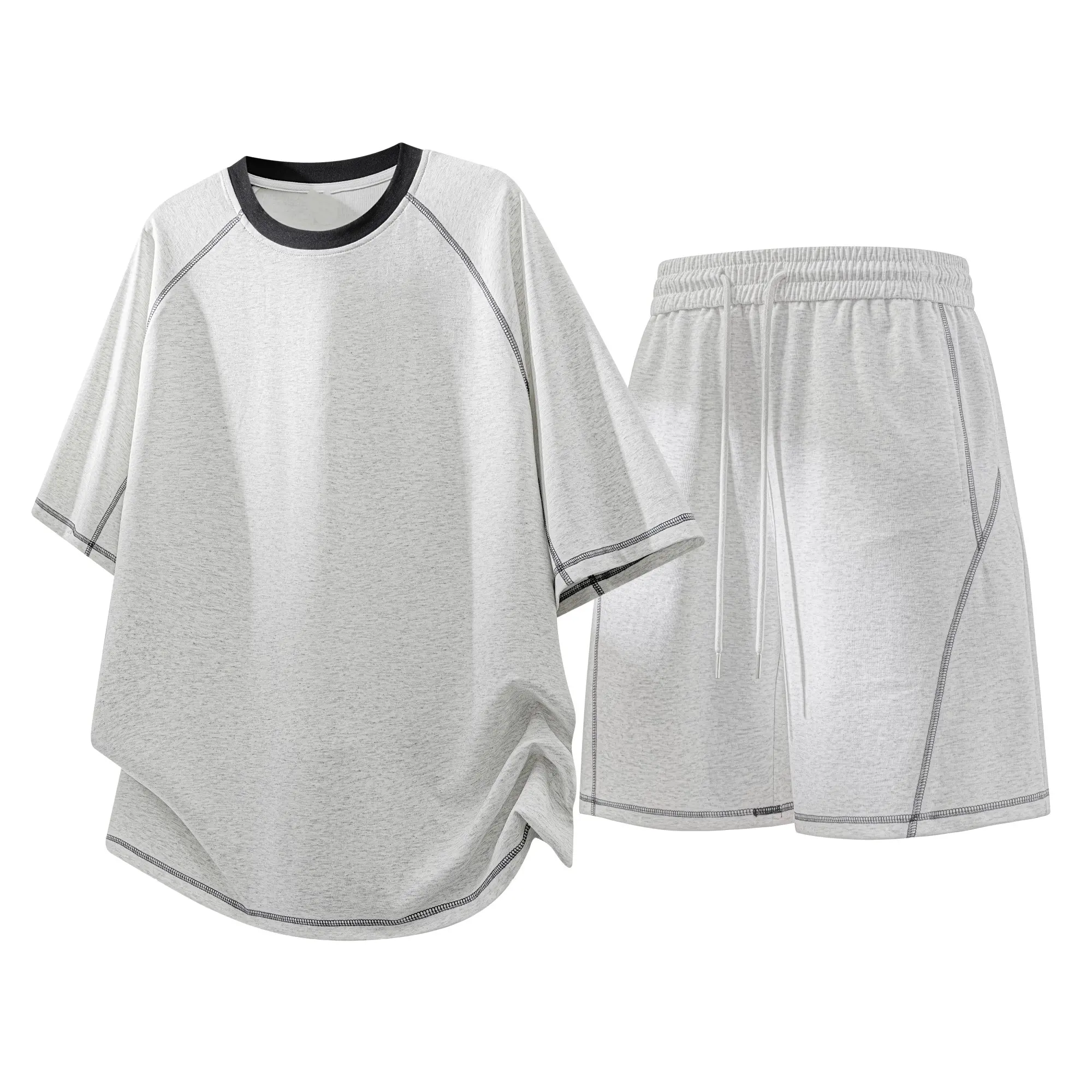Men's Matching Clothes Set, Casual Athletic Streetwear Polyester 2-Piece Outfits, Oversized Crew Neck T-Shirt and Drawstring Shorts, Simple