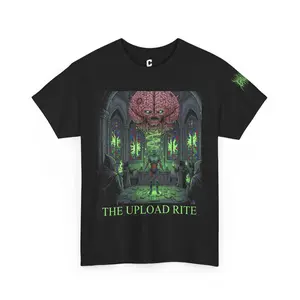 The Upload Rite - Cybernetic Ritual Horror Art in Glitch Biomech Comic Style, Transhuman Upload Ceremony of Doom