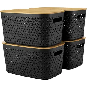 Plastic Storage Bins with Bamboo Lids Set of 4 - Pantry Organization and Storage Containers Storage Baskets - Stackable Storage Bins for Shelves Drawers Desktop Closet Playroom Classroom Office