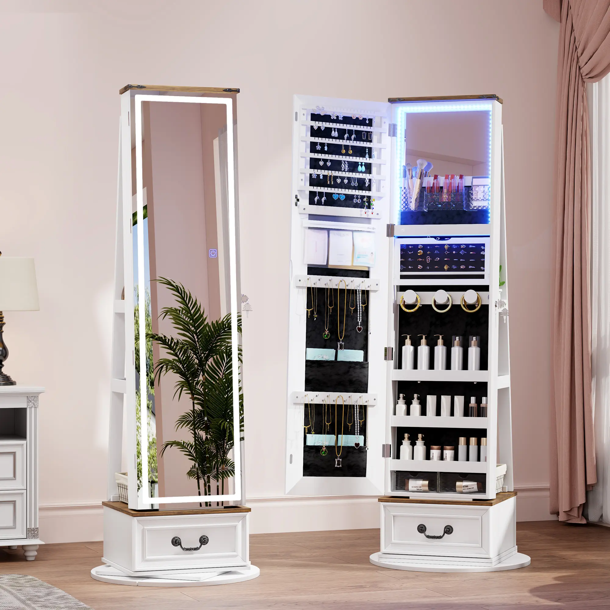Miu 5-in-1 LED Jewelry Armoire with Double Mirrors:  3-Color Lights, Wooden Drawer and Storage Shelves Luxury Bedroom Furniture Apothecary Cabinet