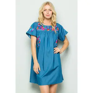Floral Embroidery Chambray Dress