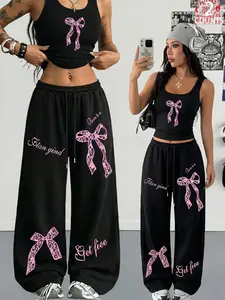 Women's Fitted Camisole Set with Bow Print Drawstring, Casual Sporty Wide Leg Pants Two-Piece, Streetwear Outfit for Daily Wear & Concerts