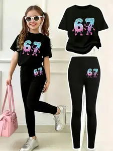 Valentine's Day, Cute Robot 67Six Seven Print, 2-Piece Girls Round Neck Short Sleeve & Bottoms Set, Ages 4-12, Clothes Kids