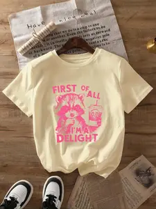 Women's Cartoon Animal & Letter Print Round Neck Tee, Fashion Casual Drop Shoulder Short Sleeve T-shirt for Daily Wear, Ladies Clothes for Fall & Winter
