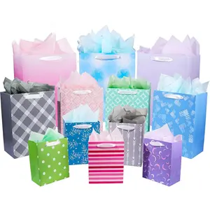 12 Pack Gift Bags Assorted Sizes and Designs, Gift Bags Bulk with Tissue Paper (5 Medium 8", 4 Large 11", 3 Extra Large 14") for Birthday, Baby Showers, Bridal Showers, Easter Day Any Occasion