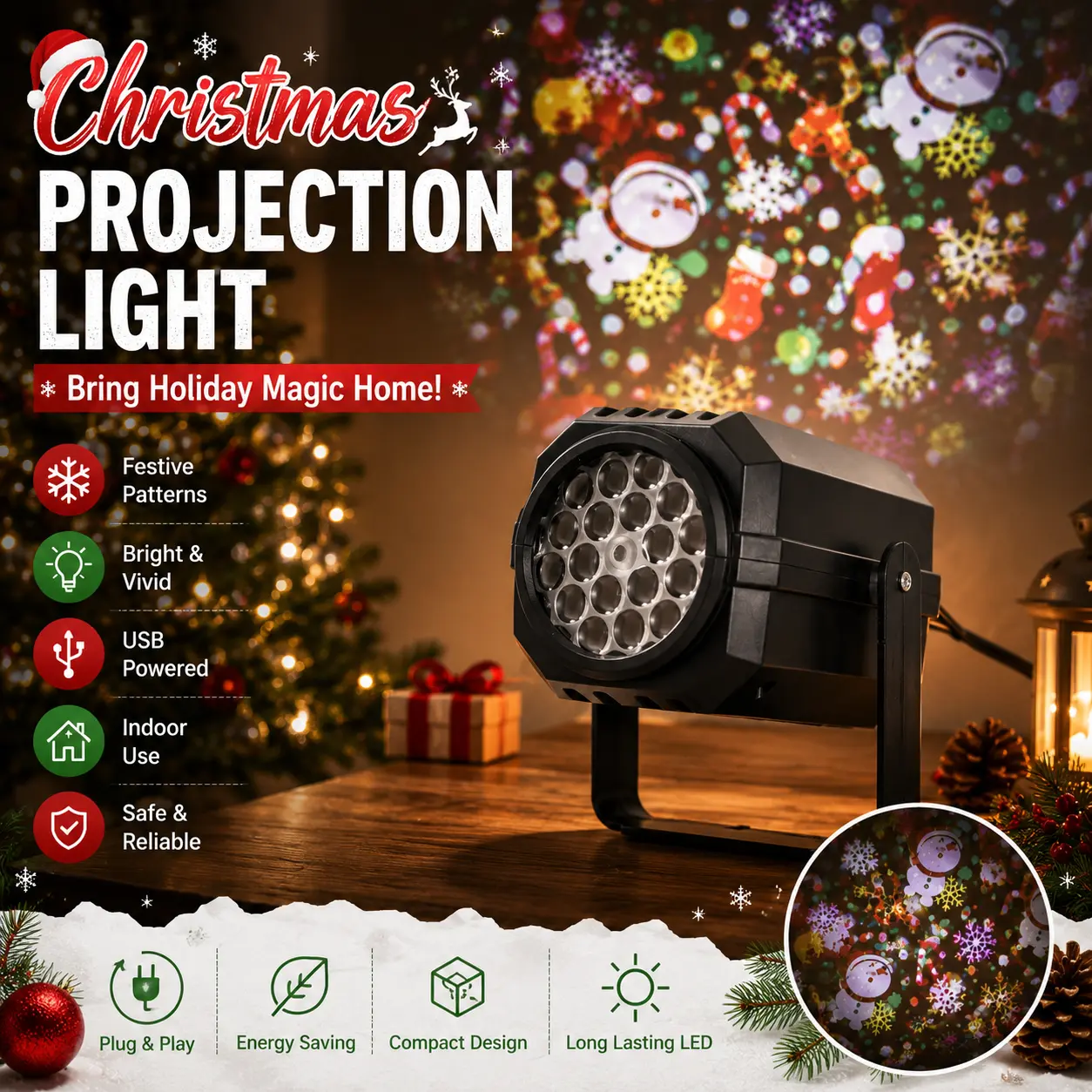 Christmas Projector Lights, LED Christmas Light Projector, USB Powered Holiday Projection Lamp with Snowman, Snowflake & Candy Cane Patterns, Adjustable Angle for Indoor Home Bedroom Party Wall Christmas Decorations