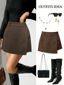 Women's Casual Solid Color Belted Adjustable Shorts, Commuter Style, Asymmetrical Layered Shorts, College Wind, Perfect for Daily Wear