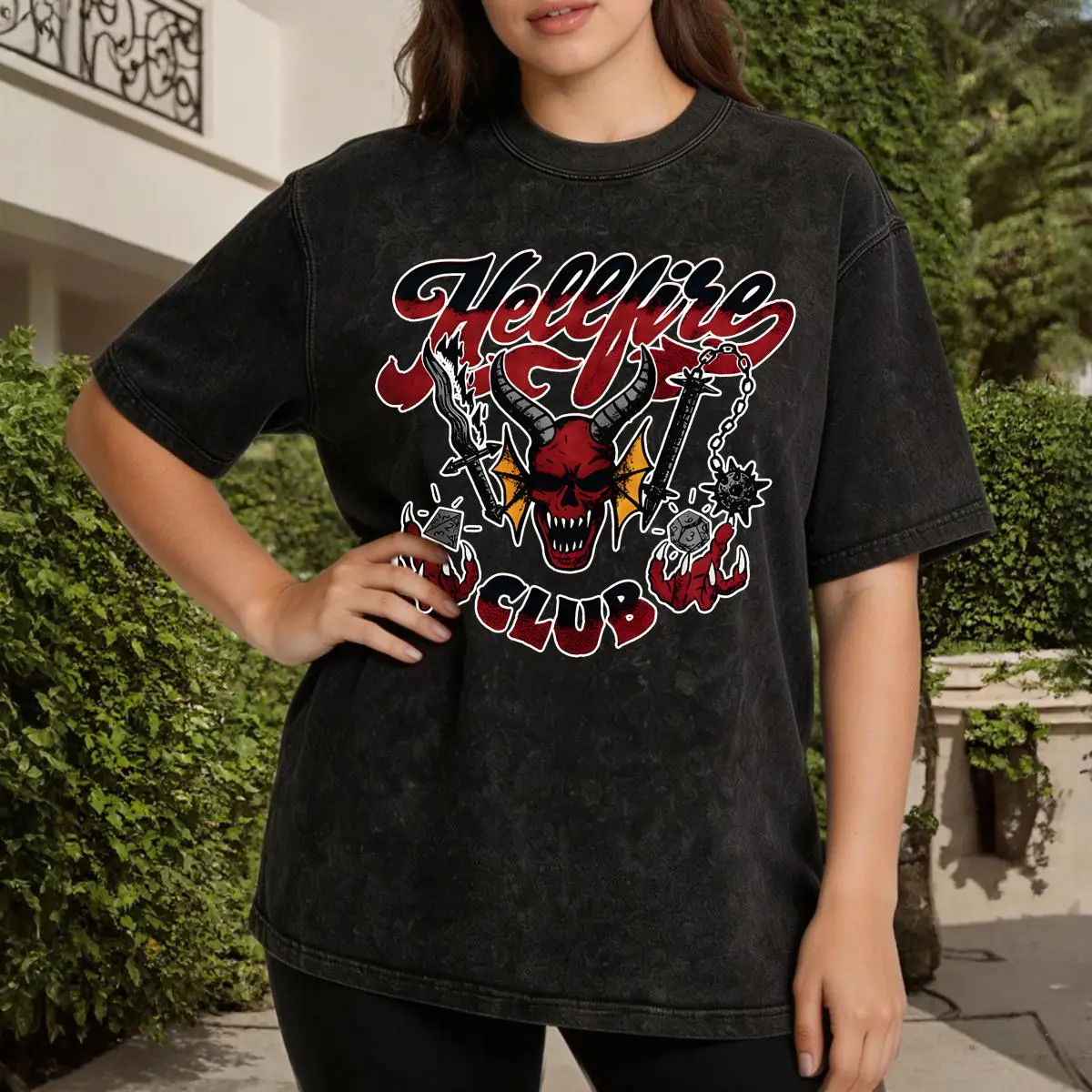 Hellfire Club Graphic Women's Vintage Washed T-Shirt Hellfire Club Devil Graphic Tee Oversized Graphic Tee Outdoor Casual Short Sleeve a-1
