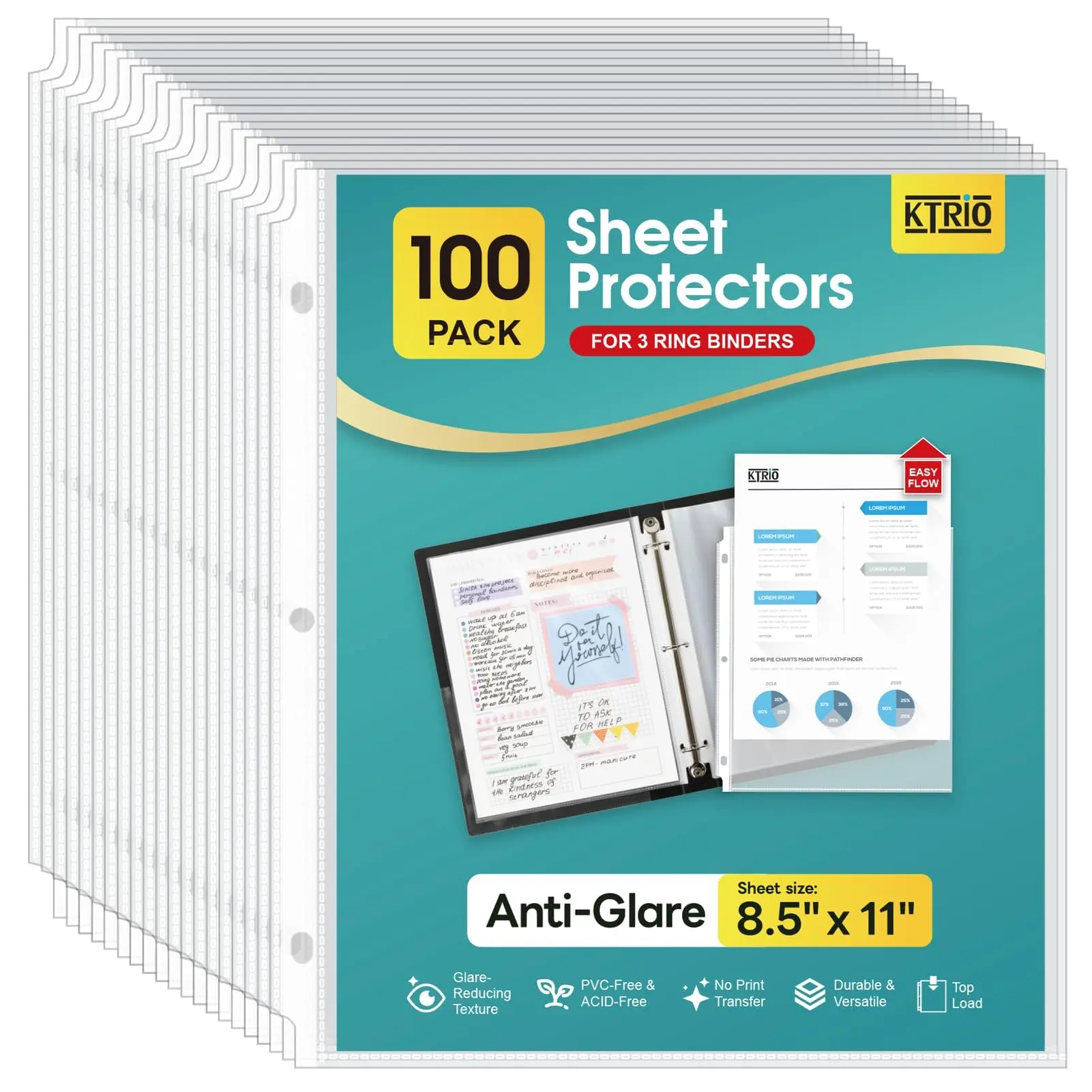 KTRIO New Anti-Glare Glare Reducing Durable Polypropylene Sheet Protectors, 8.5x11in Letter Size, Top-Loading for 3-Ring Binders, Acid-Free, 50/100 Pack Options for Office Use