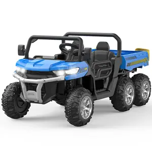 【Christmas Gift】Blue 24V Kids Battery Powered Electric Tractor 6 Wheels Ride On Car With Tipping Bucket Remote Control Led Lights And Music Blue