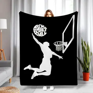 Basketball Flannel Blanket  Basketball-Themed Flannel Blanket - Soft All-Season Throw with Dunk Action Design, Black & White Sports Decor for Bed, Sofa, Office, Travel -Christmas gifts