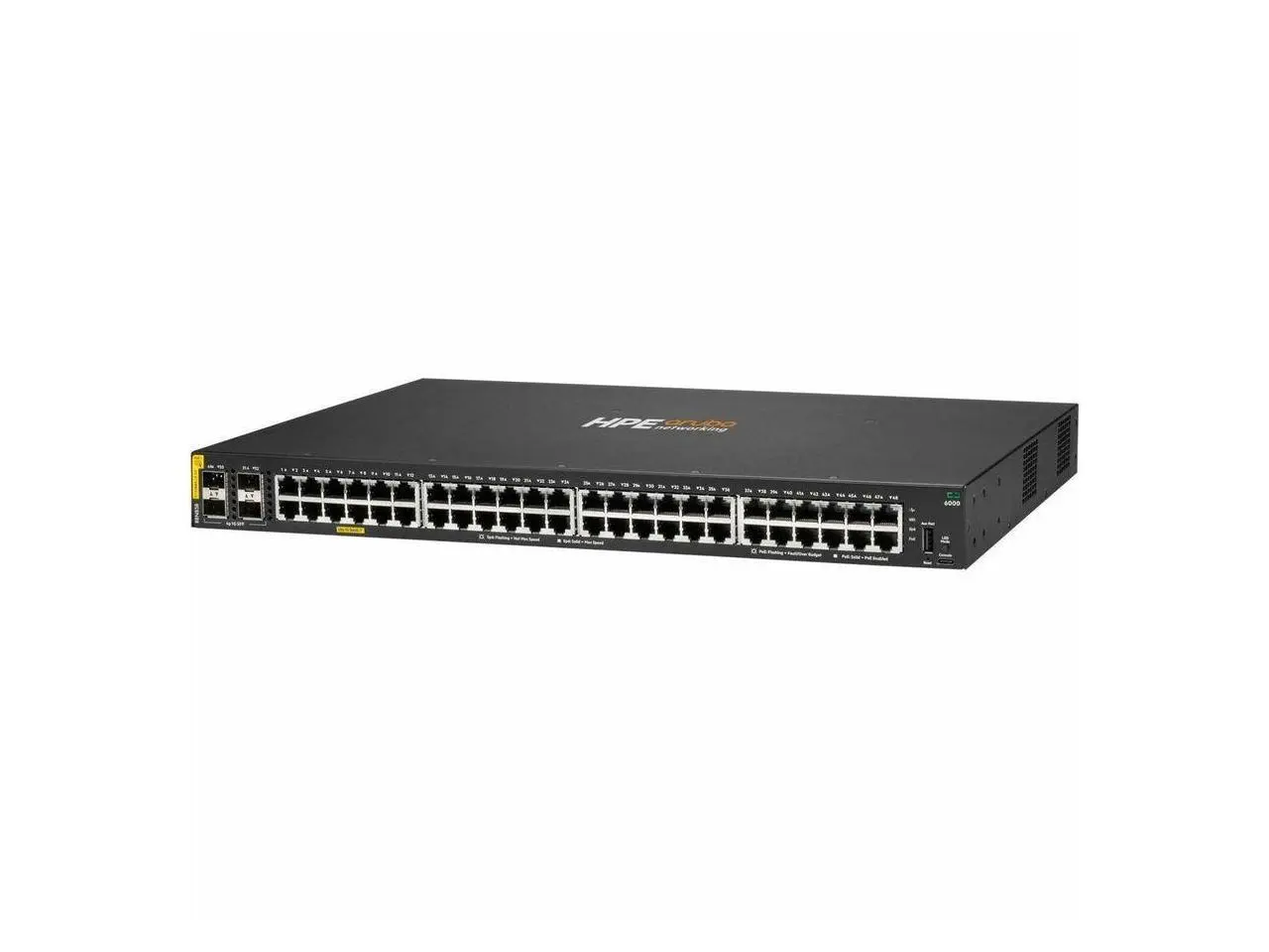 Aruba CX 6000 48p 10M/100M/1G Class4 PoE 4p SFP 1G 370W Switch 48 Ports - Manageable - Gigabit Ethernet - 4 SFP Slots - 439 W Power Consumption - 370 W PoE Budget - R8N85B#ABA