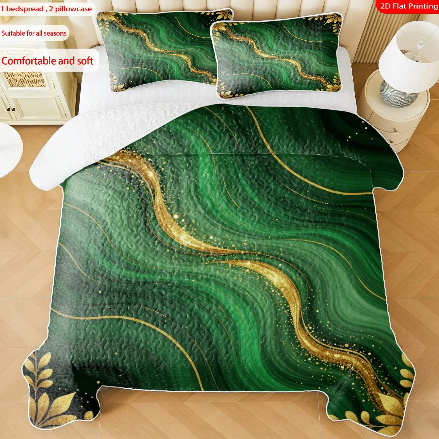 3 pcs, 2D Flat Print Emerald Green Marble Gold Leaf Bedspread Set, Soft and Comfortable, Multiple Sizes Available, Suitable for Gifting and Daily Use, Ideal for Creating a Cozy Home Atmosphere(1 bedspread , 2 pillowcases)