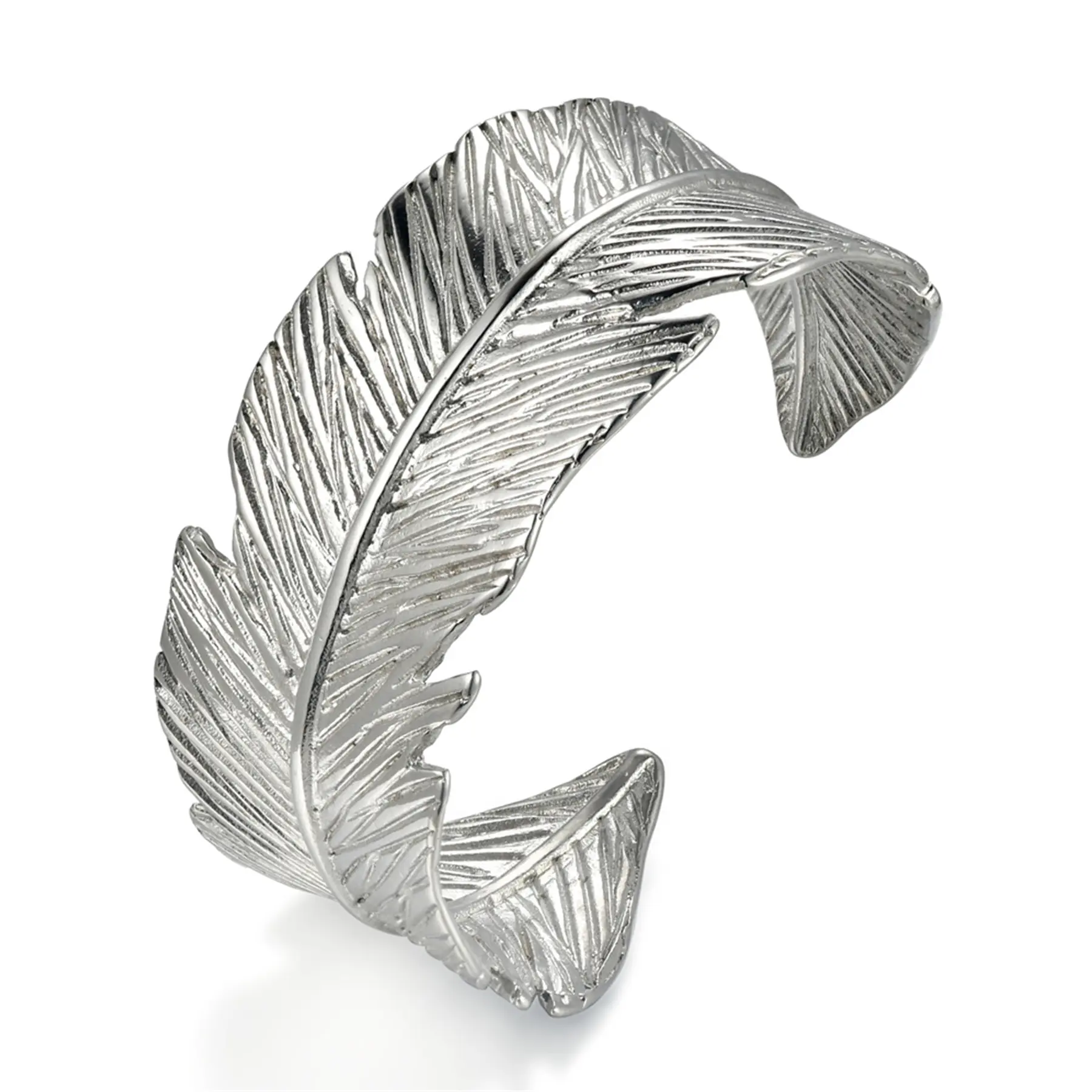OIDEA Chunky Wide Cuff Bracelet for Women, Boho Stainless Steel Open Bangle, Pull On Design for Festival Looks, Feather Motif