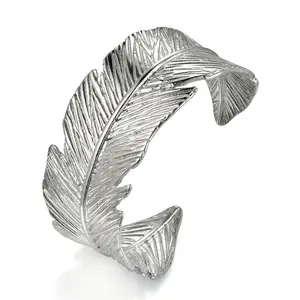 OIDEA Feather Wide Cuff Bracelet for Women, Stainless Steel Boho Open Bangle Ethnic Style Statement Jewelry