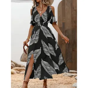 Women's Elegant V-Neck Maxi Dress with Cold Shoulder Sleeves and Tropical Leaf Print - Lightweight Polyester, Black with White and Green Leaf Design, Perfect for Spring and Summer Vacations, Casual Elegance |   Tropical Print Dress |   Polyester Fabric