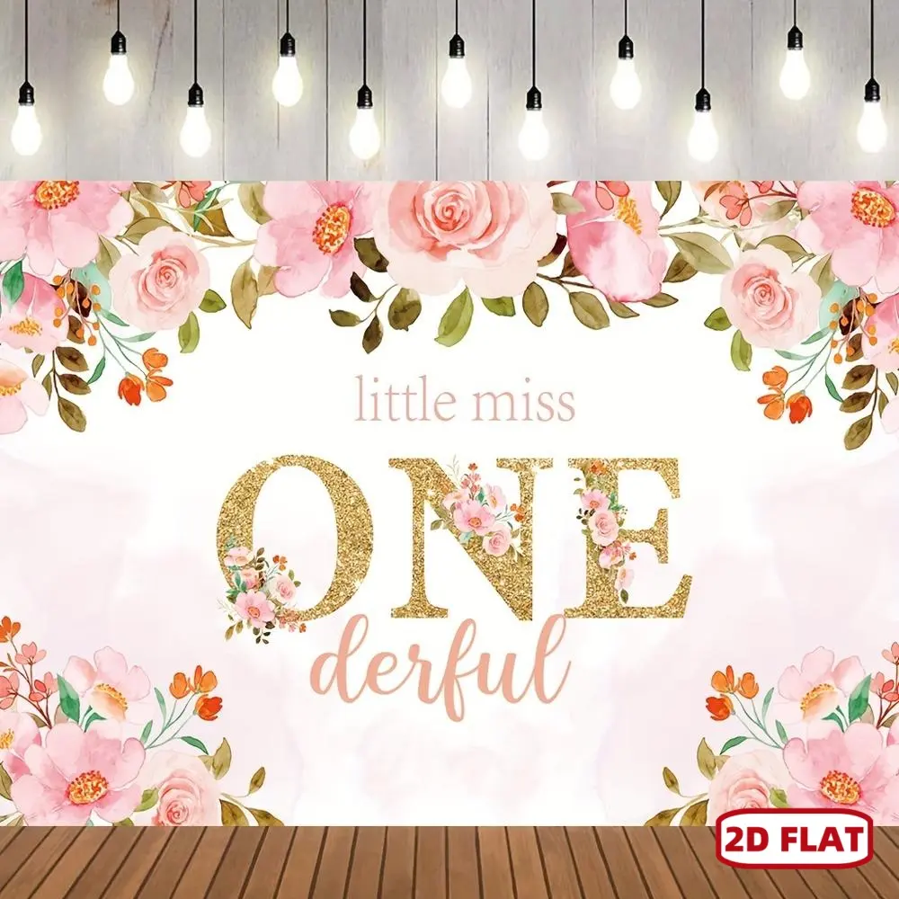 1pc 2D Flat Little Miss One Derful Birthday Banner, Watercolor Pink Flowers, Golden Girl 1st Birthday Decor, Universal Holiday, ployester Material, No Electricity Required, DIENALLS Brand Ornaments