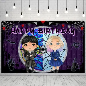 Wednesday Theme Birthday Background Banners - Suitable Gifts, Ideal Birthday Parties, Theme Parties, Home Bedroom Decorations, Indoor And Outdoor Decorations, Room Decoration For Teenage Boys And Girls