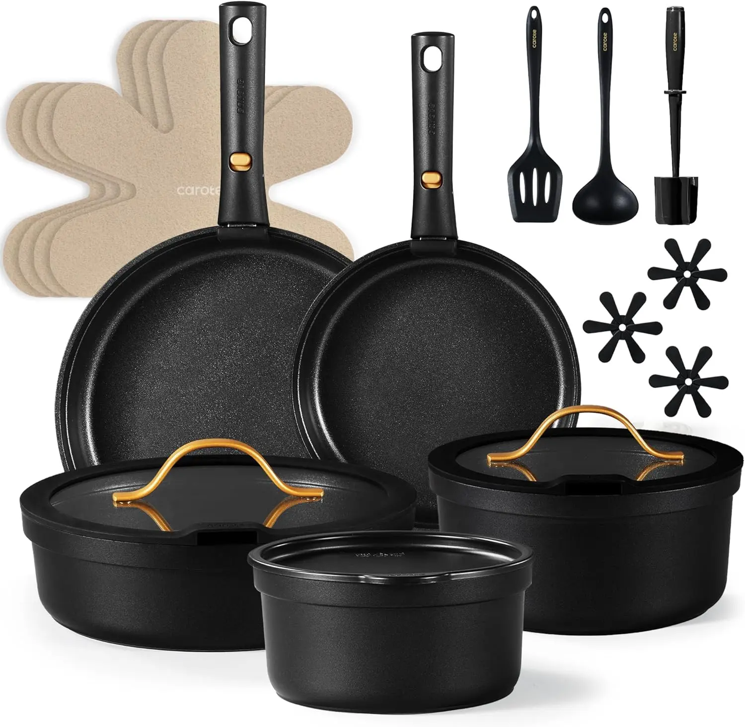Nonstick Cookware Set 19pcs Pots and Pans Set Non Stick, Dishwasher/Oven/Fridge Safe Pots and Pans, Removable Handle RV Oven Safe Cookware, Induction Kitchen Set, Black