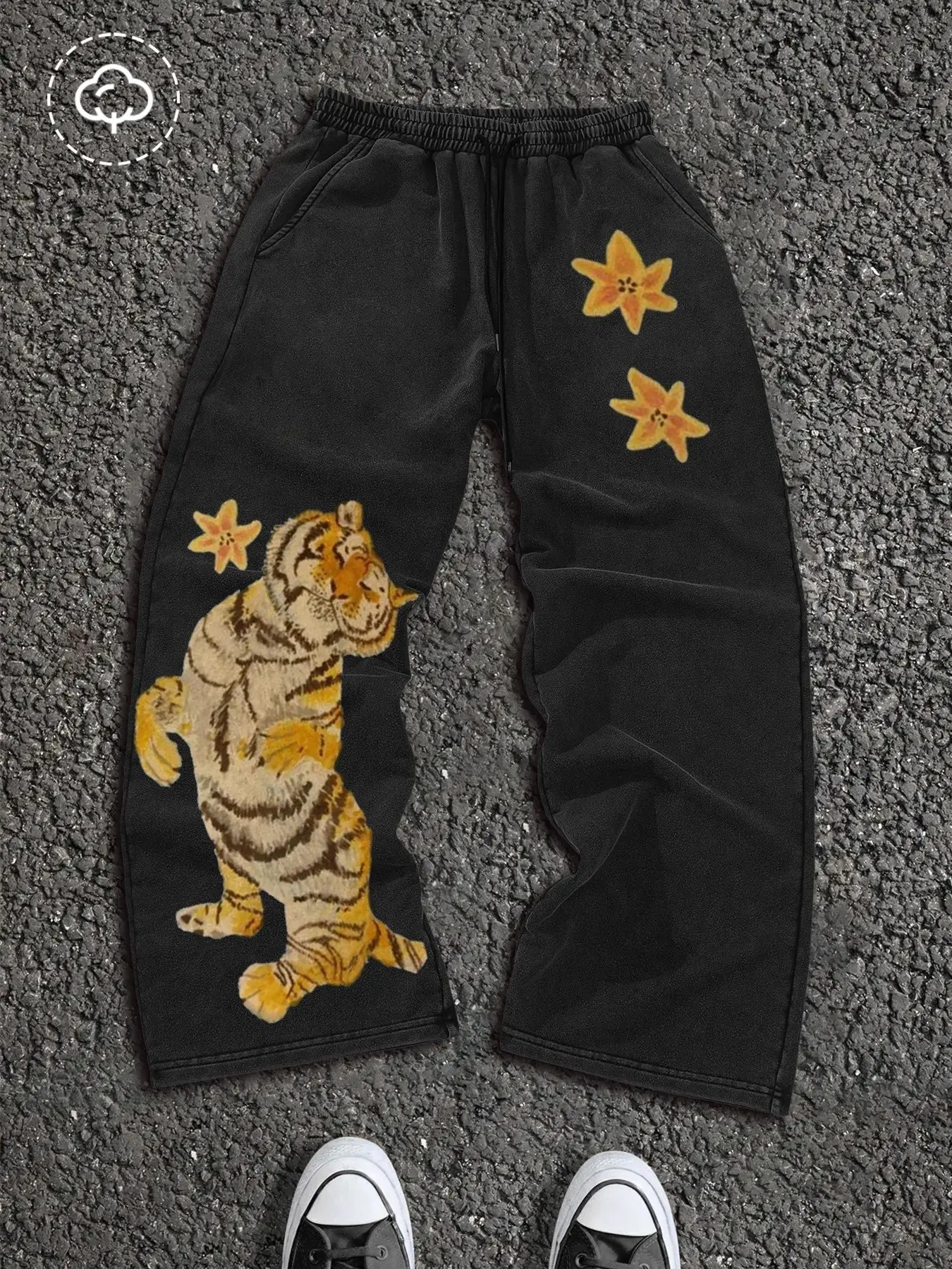 Unisex Streetwear Tiger and Floral Print Straight-Leg Pants, Lightweight Cotton Blend Relaxed Fit Floral Print Trousers for Everyday Wear, Casual Summer Bottoms