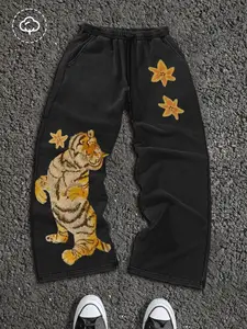 Men’s and women’s styles. Streetwear design. Tiger and floral pattern print. Trendy, lightweight fabric. Cotton blend. Straight-leg pants with a relaxed fit. Suitable for streetwear, trendy street culture, gothic fashion, Y2K style, everyday wear, men’s g
