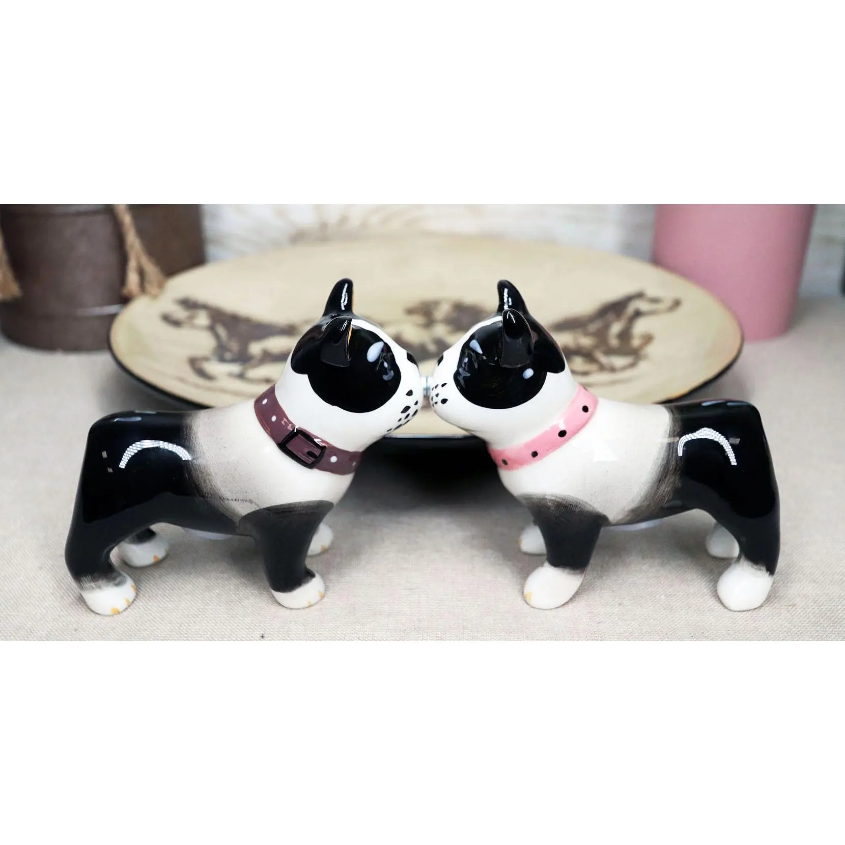 Ebros Handcrafted Boston Terrier Pottery Magnetic Salt & Pepper Shakers Set, 2-Piece 4 In Kitchen Seasoning Tableware, Home Decor Statue Figurine, Porcelain