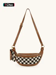 Women's Checked Pattern Fanny Pack with Headphone Bag, PU Checkered Crossbody Bag for Women, Two Way Zipper Closure Crossbody Fanny Pack for Daily Shopping Travel, Checkered Bum Bag, Casual Waist Bag