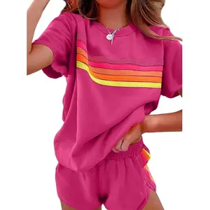 Women's 2 Piece Lounge Sets Summer Rainbow Striped Tops & Casual Shorts Suit Sweatshirt Set for Comfort