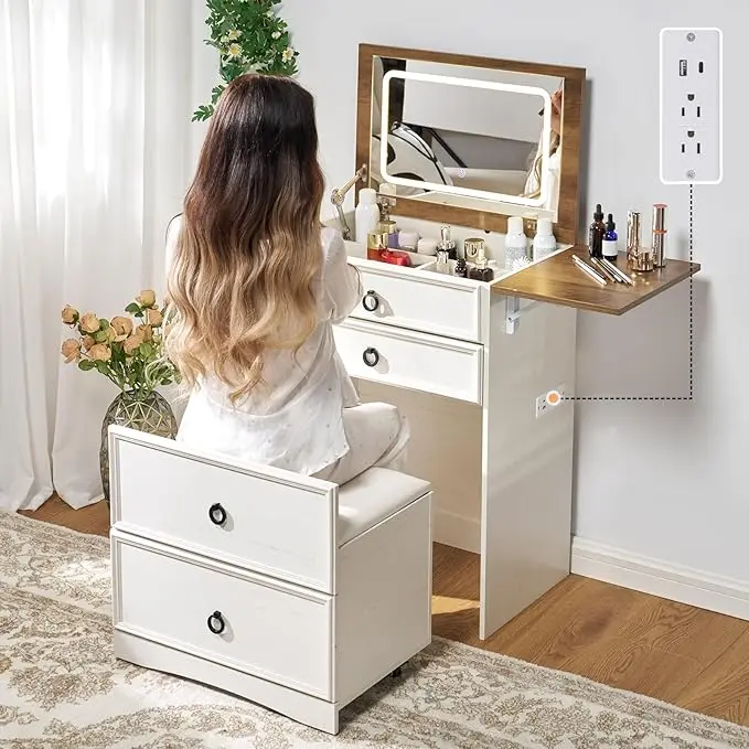 Amerlife 3-in-1 Farmhouse Illuminated Makeup Vanity Desk - Adjustable LED Fixture, Sliding Drawer-Style Vanity Chair, Fold-Up Panel, Divided Storage, Power Port, Space-Saving Adjustable Indoor Furniture, Makeup Vanity Chair