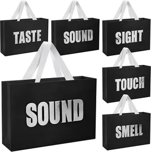 5 Senses  Bags for Him,12.6" Black  Bag with Silvery Word on Two-Sided,Five Senses Bags with Ribbon Handles,for Wedding Anniversary,Party,Birthday,Mother's Day