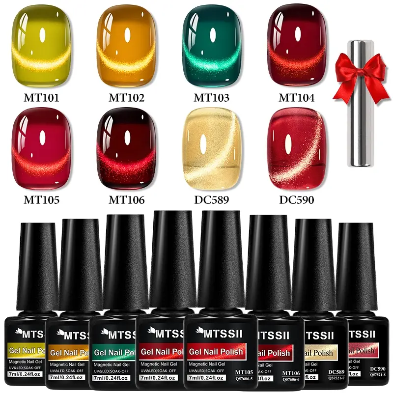 MTSSII 9pcs Glass Red Cat Eye Gel Nail Polish Set, Luminary Gel Nail, Crystal Effect Chrome Gel Polish Magnetic Nail Polish Gel, Long Lasting, Alcohol-Free, Soak Off UV Salon for Christmas Decorations Gifts, New Year & Holiday Manicures, Nail Art