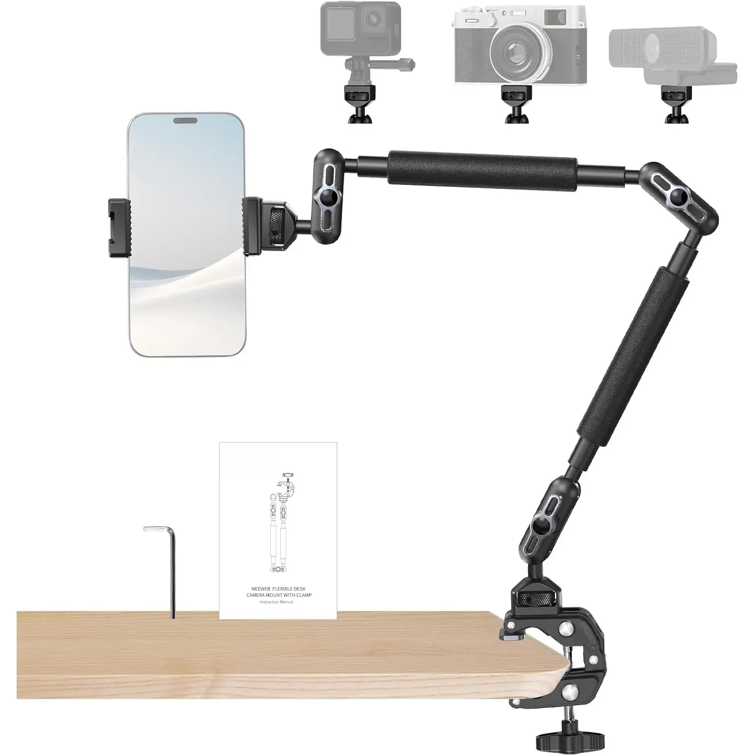 22 Inch Magic Arm with Desk C Clamp, Overhead Camera Mount, Heavy Duty Adjustable Shooting Bracket, Multi-Angle Holder for DSLR, Action Camera, Lights and Video Recording