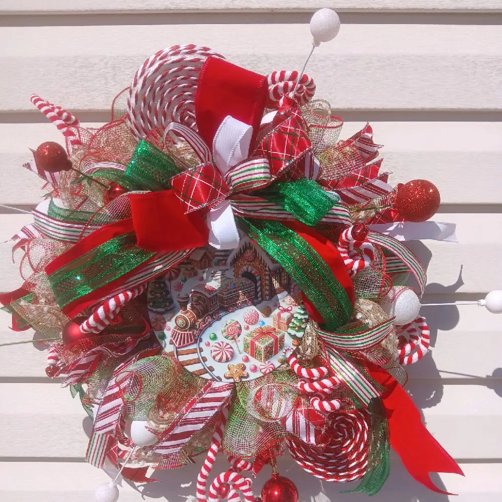 Gingerbread Train Wreath with peppermint, reds and greens