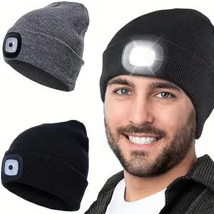FUNYH LED Beanie Hat with Light, Unisex USB Rechargeable Headlamp Winter Knitted Cap Gifts for Men Dad Husband Him