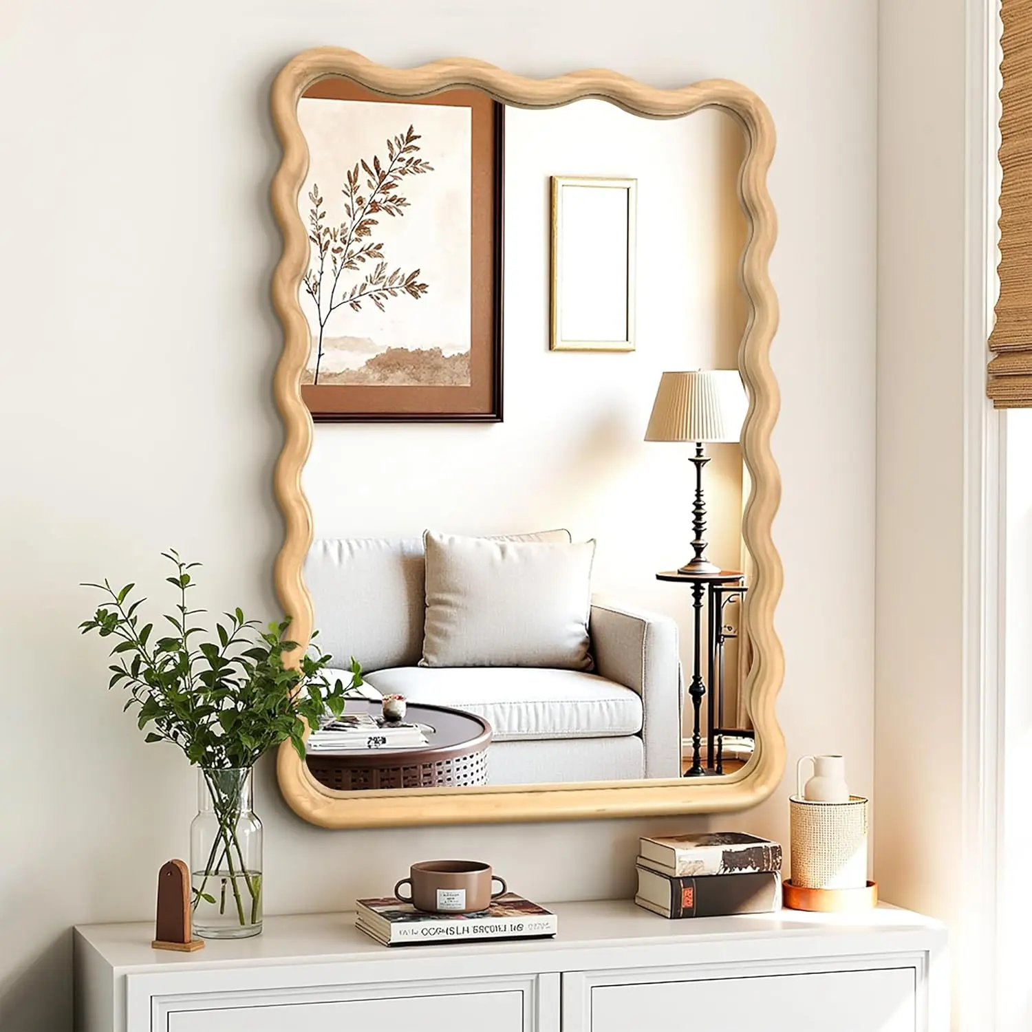 Bathroom Mirror for Wall, 24"x36" Boho Wavy  Mirror Large Full Length Decorative Mirror with Tempered Glass,  Wooden Frame Vanity Mirror for Bedroom, Living Room, Entryway