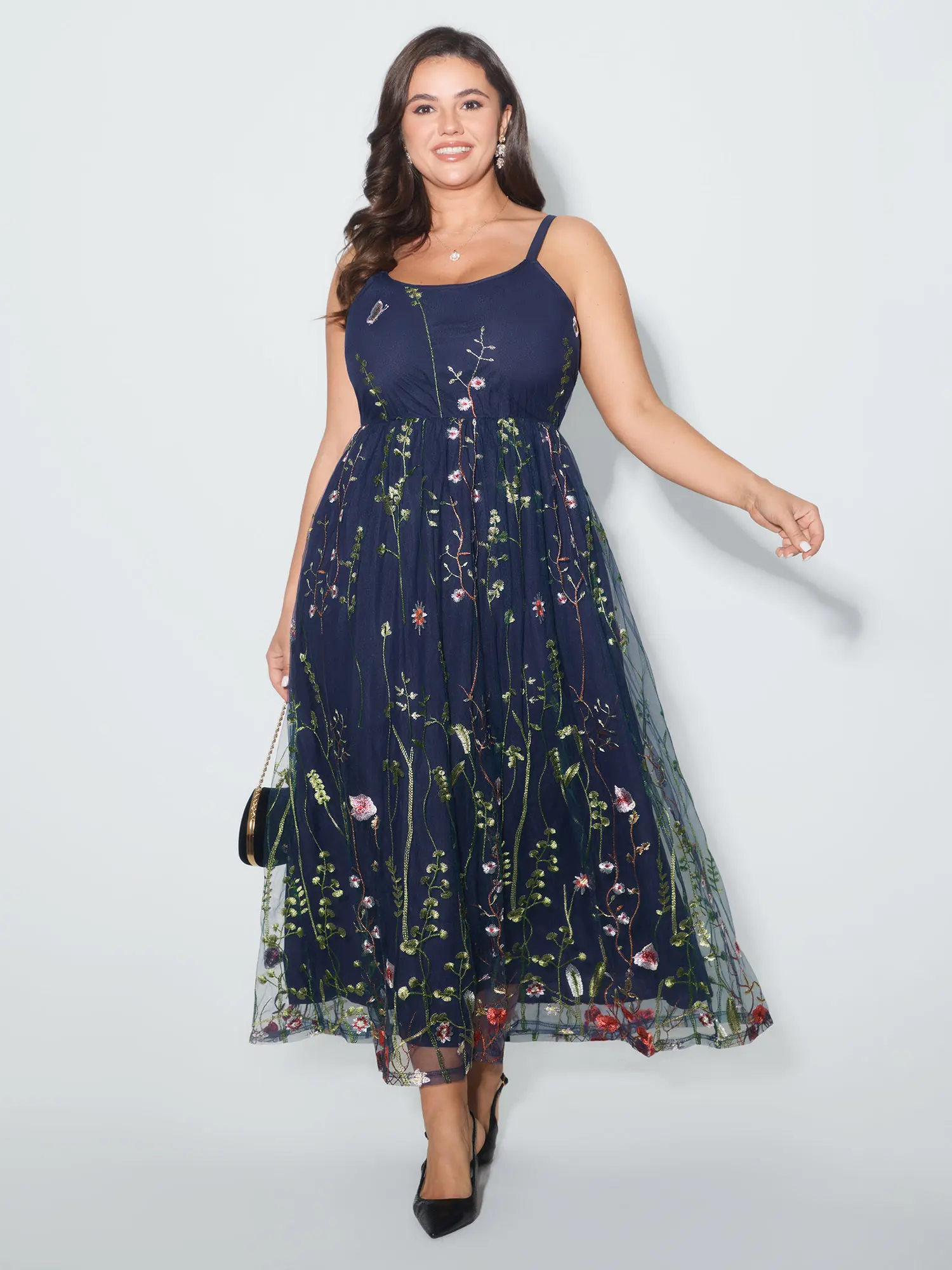 【Pocket Approved】 BLOOMCHIC U Neck Floral Embroidered Mesh Cami Maxi Dress Sleeveless Spaghetti Strap Side Seam Pocket Summer Formal Parties Dark Blue Black Dark Green Green Bean Elegant Fit Style Womenswear Swimweek, Summerfinds