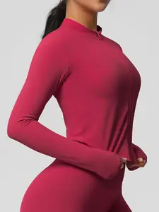 Women's Solid Zip Up Thumb Hole Design Sports Jacket, Long Sleeve Zip Front Outerwear for Yoga Gym Workout, Ladies Sportswear for All Seasons