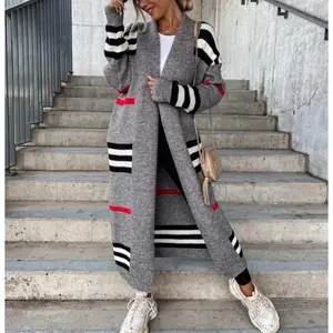 Fashion Long Striped Knit Cardigan Sweater Jacket Fabric Knitwear